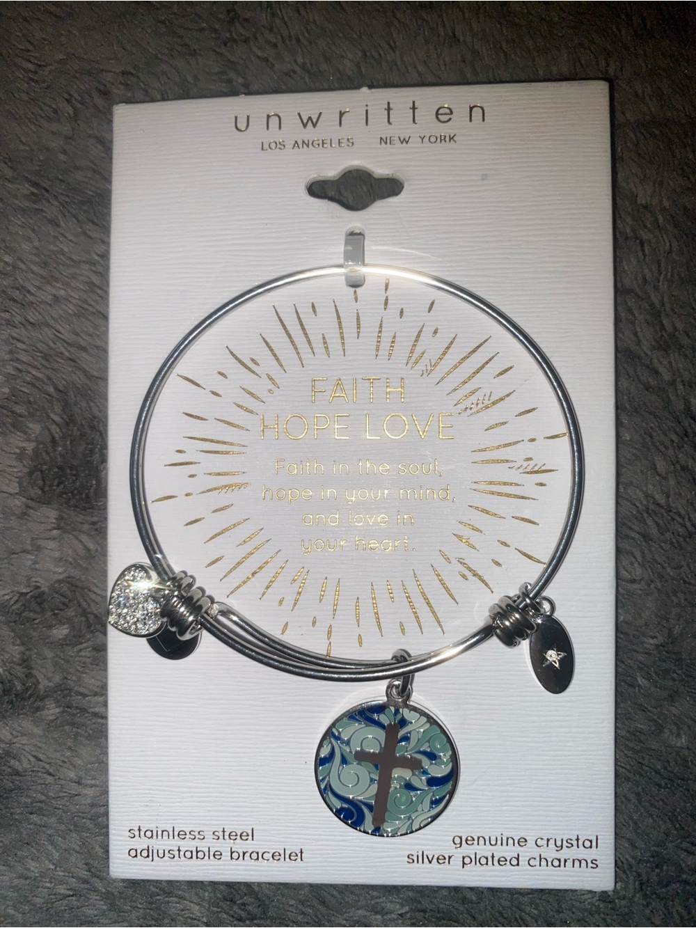 Unwritten Silver Bracelet with Blue and Teal Cross Charm